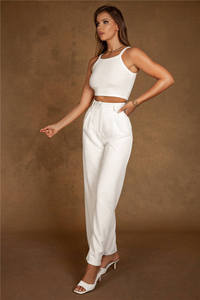 Oem produttore personalizzato di alta qualità Casual a vita alta tasche laterali bianche plissettate <span class=keywords><strong>pantaloni</strong></span> <span class=keywords><strong>larghi</strong></span> <span class=keywords><strong>pantaloni</strong></span> per le donne - Product Image 3