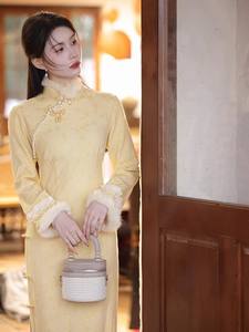 Nuevo <span class=keywords><strong>Cheongsam</strong></span> Chino Ecowalson 2025, Invierno, Terciopelo Grueso, Amarillo, Elegante, Estilo Retro, para Mujer Joven, de Alta Gama, Manga Larga - Product Image 2