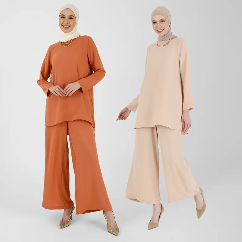 Nuevo diseño de poliéster árabe musulmán ropa al por mayor Turquía Oriente Medio mujeres Dubai Top Plus pantalones conjunto de dos piezas