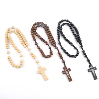 Collier chapelet catholique économique en corde noire nouée avec perles en bois marron et crucifix de Jésus, idéal pour un cadeau