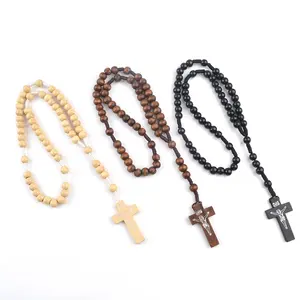 Günstige schwarze Seil geknotete Gebet Rosenkranz Perlen braune Holz perlen schnur gebundene Rosenkranz katholisch mit Jesus Kruzifix