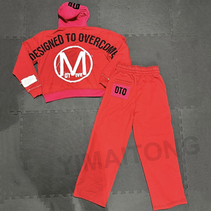 Personalizado de los hombres de diamantes de imitación desgastado bordado chándal Streetwear chándal holgado rayas pantalones de chándal y Sudadera con capucha conjunto - Product Image 2