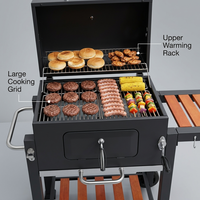 Barbecue au charbon de bois avec table de rangement latérale pliable et grandes roues de mobilité pour patio, camping, pique-nique