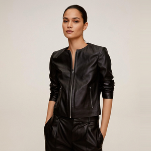Veste en cuir noire à col rond pour femme, fermeture éclair intégrale, vêtement d'extérieur décontracté, manches longues, manteau tendance pour femme, style minimaliste, streetwear urbain - Product Image 1