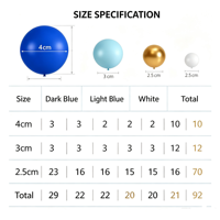 Décorations de gâteau en forme de boules colorées, lot de 92 pièces, 2,5, 3, 4 cm, décorations de gâteau, bleu foncé, bleu clair, or, blanc, fournitures de fête