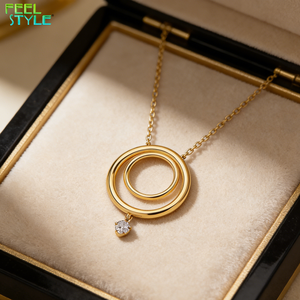 Collana Minimalista con Doppio Cerchio e Ciondolo CZ, Placcata in Oro 18K, Acciaio Inossidabile, Gioiello Trendy Impermeabile <span class=keywords><strong>per</strong></span> Donne - Product Image 2