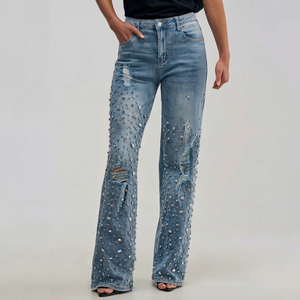 Splendid Apparel - Jeans de mezclilla bohemios con tachuelas y efecto desgastado, de pierna ancha, cintura alta, ajuste holgado, largo completo, azul vintage, color liso para mujer - Product Image 1