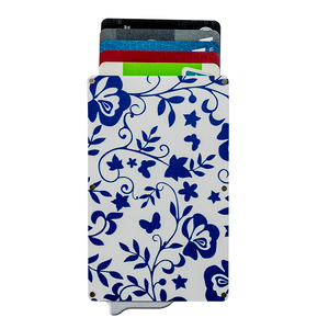 Porte-cartes de crédit fin en aluminium, motif floral bleu, 4 pouces, sans fermeture, avec blocage RFID - Product Image 1