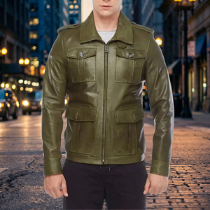 Veste en cuir véritable vert olive pour homme avec fermeture éclair et quatre poches, style workwear, col rabattu, coupe classique - Product Image 2