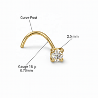 Piercing de Nariz de Oro Sólido de 14K con Circonita Cúbica de 2.5mm y Poste Curvo de 18G, Joyería Fina para Bodas, Venta al Por Mayor