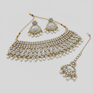 Luxury Copper Gold Plated Pearl Bridal Set Choker Necklace Earrings Maang Tikka-Ethnic <b>Indian</b> Design Wedding Engagement Party - Product Image 2