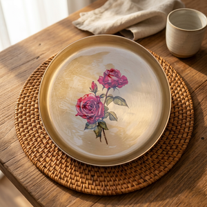 Assiette décorative ronde en métal peinte à la main avec motif de rose, style vintage, vaisselle artisanale - Product Image 3