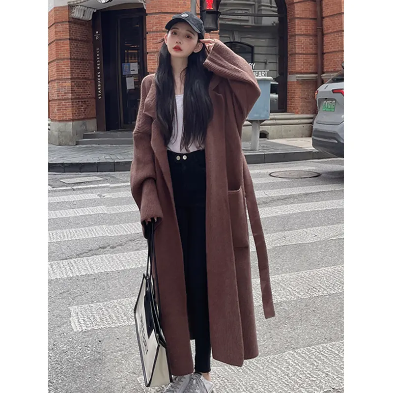 Western design women's oversized knitwear cardigan with belt and pockets autumn winter female x-long loose sweater trench HX25