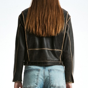 Manufacturer's Custom Logo Women's Leather <b>Jacket</b>, Casual <b>Short</b> Leather <b>Jacket</b>, Vintage Acid-Washed Faded Leather <b>Jacket</b> - Product Image 2