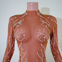 Justaucorps de scène sur mesure en maille transparente à manches longues et col montant, motif branche flamboyante, orné de cristaux ambre et de perles de terre cuite, style biologique