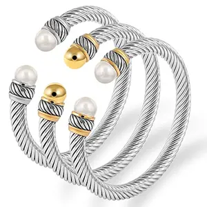 Водонепроницаемый модный Регулируемый Коренастый витой кабель с жемчужным шаром Открытый браслет из нержавеющей стали