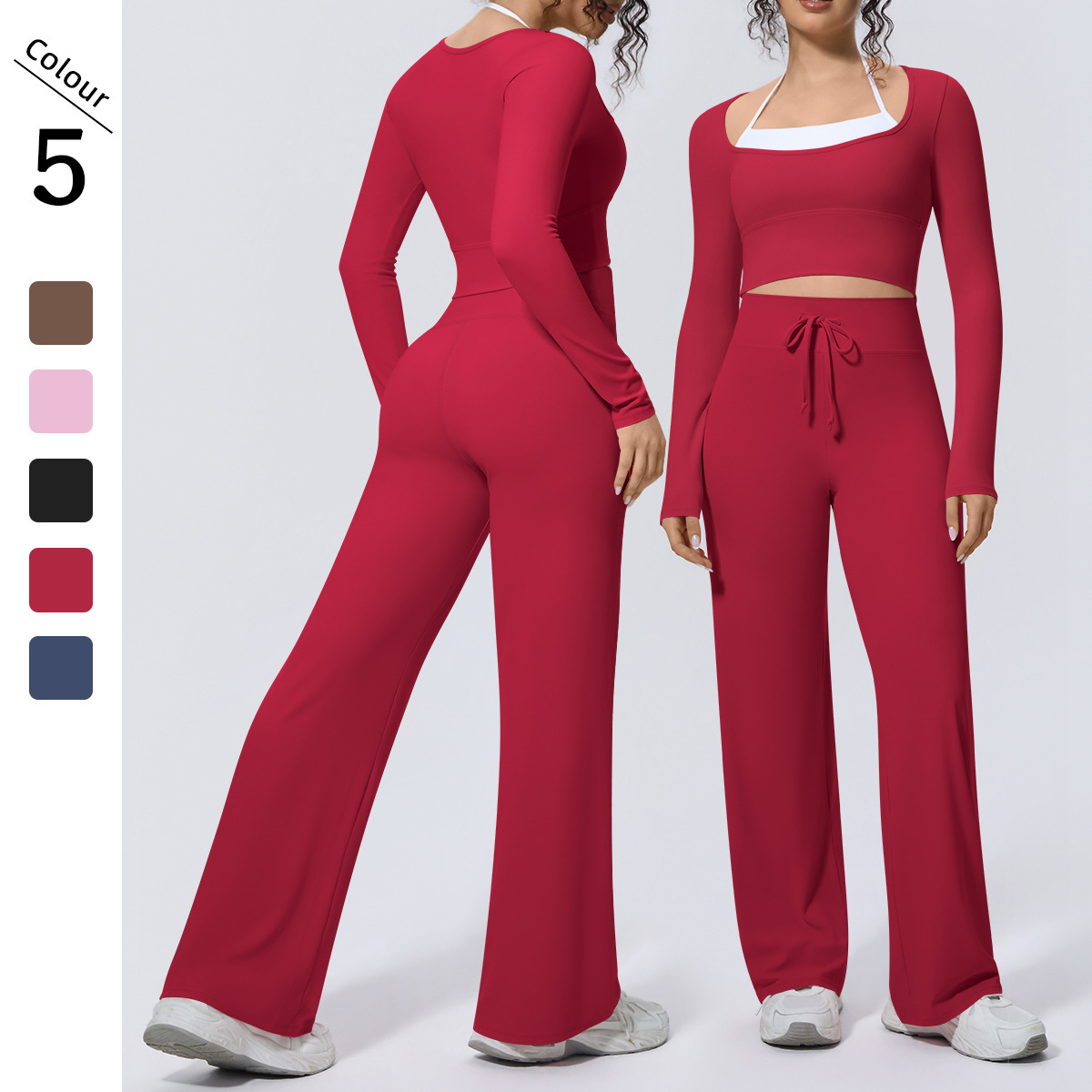 Women's Two-Piece Plaid Pilates Yoga Fitness Clothing Set High Workout Gym Stretch Pants Long Sleeve Yoga Tops Active Wear