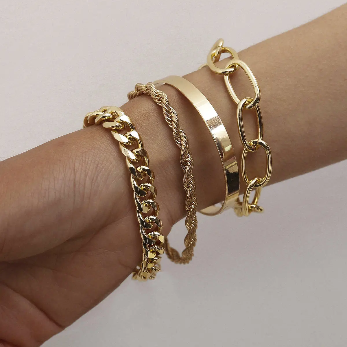 Vintage Gold Plated 4Pcs Link Chain Bracelets Bangles Set High Polished Charm Gold Bracelet For Women Jewelry Accessories