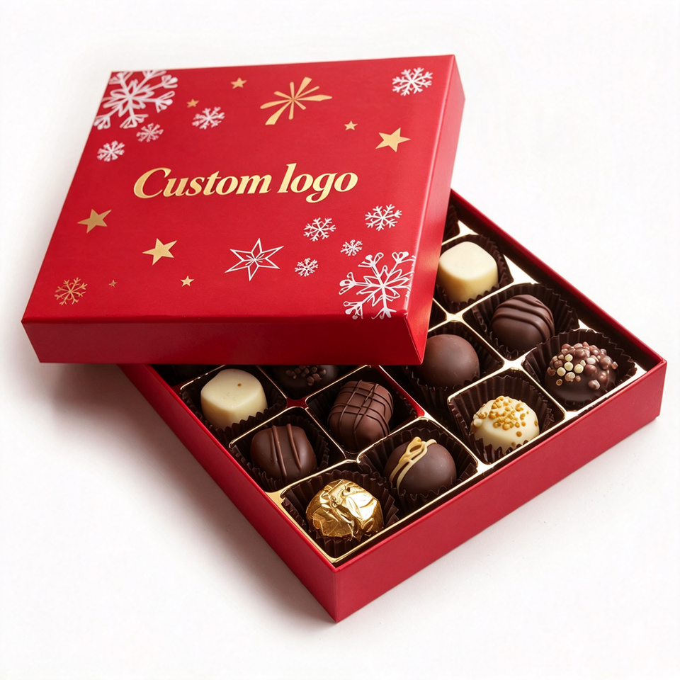 Red Christmas Chocolate Box With Snowflake Pattern and Gold Divider ...