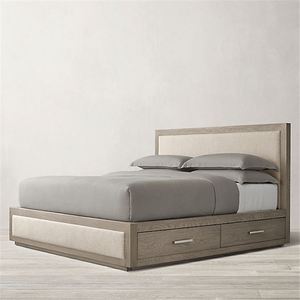 Lit double en bois massif et tissu, style américain, pour chambre à coucher, maison d'hôtes, hôtel, villa, chambre modèle, meubles personnalisables - Product Image 5