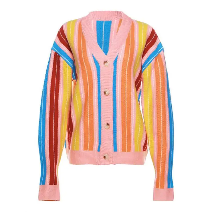 New Product Ideas 2023 Multi Color Neck Button Cardigan Coat Fashion Striped Knitted Cardigan For Ladies