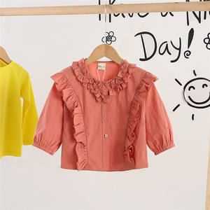 Ropa Infantil al por Mayor para Niñas Estilo Coreano, Camisa de Manga Larga con Flores y Diseño Liso - Product Image 4