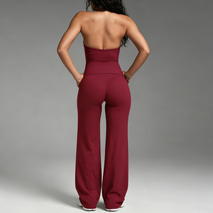 Lot de 2 pièces de vêtements de sport et de yoga à col halter en V profond, pantalon évasé taille haute, séchage rapide - Product Image 3