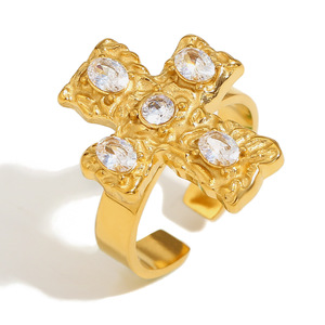 18K Pvd Gold Plated Hammered Cross Cz 316L Stainless Steel Waterproof Hypoallergenic Adjustable <b>Statement</b> <b>Ring</b> For Women - Product Image 1