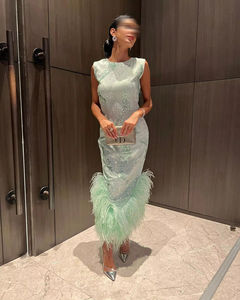 Robes de soirée arabes de luxe en plumes vert sauge, dos croisé, mi-longues, robes de soirée formelles pour mariage, SZ436-1 - Product Image 2