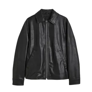 Black Leather Jacket Men Wholesale High Quality Blank Plain Windproof Full Zip Up Custom Bomber Leather Jacket