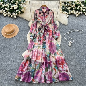 Vestido de mujer de alta gama con cuello de solapa con cuentas, manga larga, estampado, <span class=keywords><strong>para</strong></span> primavera, con lazo en la cintura y abotonadura sencilla. - Product Image 2