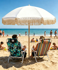 Nuovo Ombrellone da Spiaggia/Patio in Macramè Bianco con Palo in Legno, Frange in Cotone, Stile Bali Vintage - Product Image 1