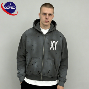 QZFSO Custom Acid Wash Distressed Print Zip up Hoodie Pria OEM Desain Oversized Katun Streetwear Sweatshirt Resleting untuk Pria - Product Image 1