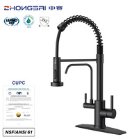 Robinet de cuisine commercial CUPC NSF à double bec, noir mat, avec douchette extractible à ressort, pour remplissage de casseroles, eau chaude et froide, pour usage hôtelier