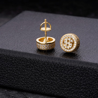Boucles d'oreilles clous rondes Hip Hop personnalisées, motif dollar, en argent sterling 925 plaqué or, serties de zircons cubiques