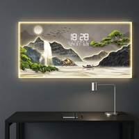 Horloge murale numérique dissimulée en cristal rétroéclairé par LED, style luxe moderne, peinture paysagère 3D, décoration de salon, base en papier