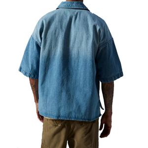 เสื้อเชิ้ตเดนิมทรงบ็อกซี่ แขนสั้น ติดกระดุม เสื้อเดนิมผู้ชาย สีน้ำเงินสั่งทำ ผ้าเดนิมฝ้าย 100% ทอแบบลำลอง - Product Image 4