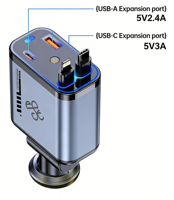 Chargeur de voiture multifonctionnel 4 en 1 avec câble USB C rétractable 42W pour téléphone portable