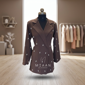 Robe Blazer de Luxe Décontractée Marron avec Perles et Cristaux, Col Asymétrique Floral, pour Femme, Été, Imperméable, Séchage Rapide, Longueur Complète, Mariage - Product Image 2