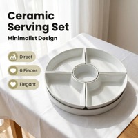 Set Piring Sajian Porselen 13,5 Inci 6 Buah dengan Mangkuk Celup Tengah, 4 Piring Melengkung, dan Alas, Desain Modular Langsung dari Pabrik