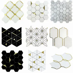 Fohu novo design hexagonal favo de mel, colmeia-almofadas de bronze azulejos de mármore branco com escova de aço inoxidável telha mosaica