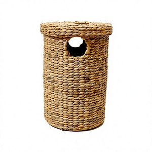 Panier à linge rond en jacinthe d'eau naturelle tressée avec couvercle, panier de rangement - Product Image 1