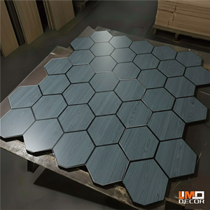 Panneaux muraux insonorisés décoratifs, insonorisés, ignifuges, réduction du bruit, panneaux hexagonaux en fibre <span class=keywords><strong>de</strong></span> <span class=keywords><strong>bois</strong></span> <span class=keywords><strong>de</strong></span> densité moyenne/<span class=keywords><strong>laine</strong></span> <span class=keywords><strong>de</strong></span> <span class=keywords><strong>bois</strong></span>/mousse - Product Image 4