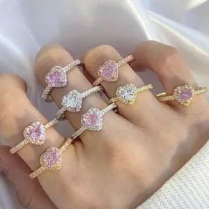 Custom Fashion 18K Gold Plated Iced Out Ring Pink CZ Cubic Zircon Heart Rings For Women Girls