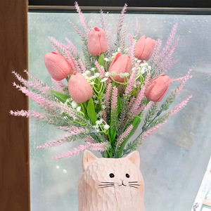 Artificial Tulip Bouquet Pink Lavender Baby's Breath <b>Plastic</b> Handmade Spring Decor Home Kitchen <b>Table</b> Arrangement - Product Image 2