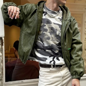 High Quality Custom Logo Green Vintage Street Wear Pu Leather <b>Jackets</b> Oversize Heavyweight <b>Zip</b> <b>up</b> Leather Hoodies - Product Image 2