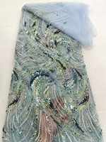 Tissu en tulle vert olive à motif paon NI.AI, dentelle lourde brodée de perles, de paillettes et de pierres, pour robe de mariée africaine ou de soirée.