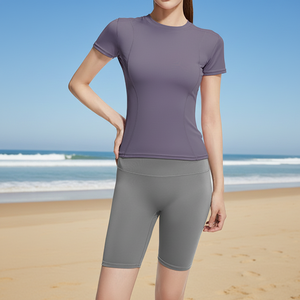 Camiseta de Yoga de Manga Corta para Mujer, Sólida, Delgada, de Secado Rápido, Transpirable, Cintura Elástica, Cintura Alta, Traje Deportivo para Correr y Hacer Ejercicio - Product Image 5