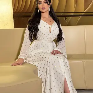 2024 модная женская длинная Исламская кружевная одежда с длинным рукавом, женский элегантный комплект из двух предметов с V-образным вырезом, мусульманское платье