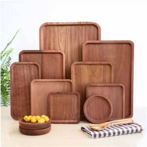 Solid Wood Trays <b>Set</b> <b>Square</b> Round Serving Platters For Hotel Coffee Tea Breakfast Dessert Steak Pizza Wooden Dinner Plates - Product Image 1
